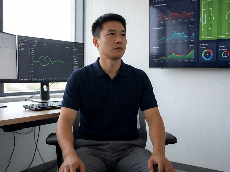 赛事分析人员在屏幕前查看比赛数据图表与战术示意图